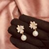golden flower pearl drop earrings
