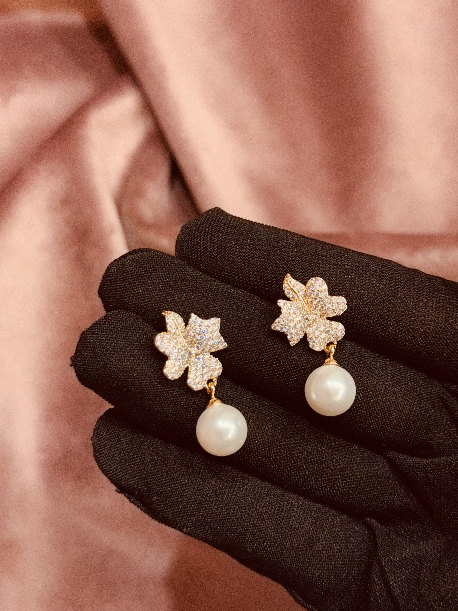 golden flower pearl drop earrings