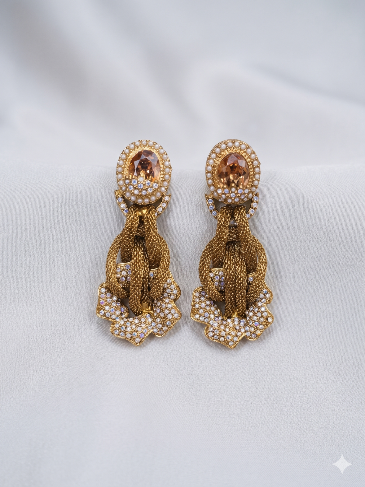 Gold Polished Mesh Earrings - White Crystals