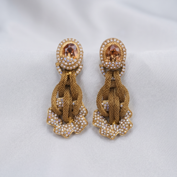 Gold Polished Mesh Earrings - White Crystals