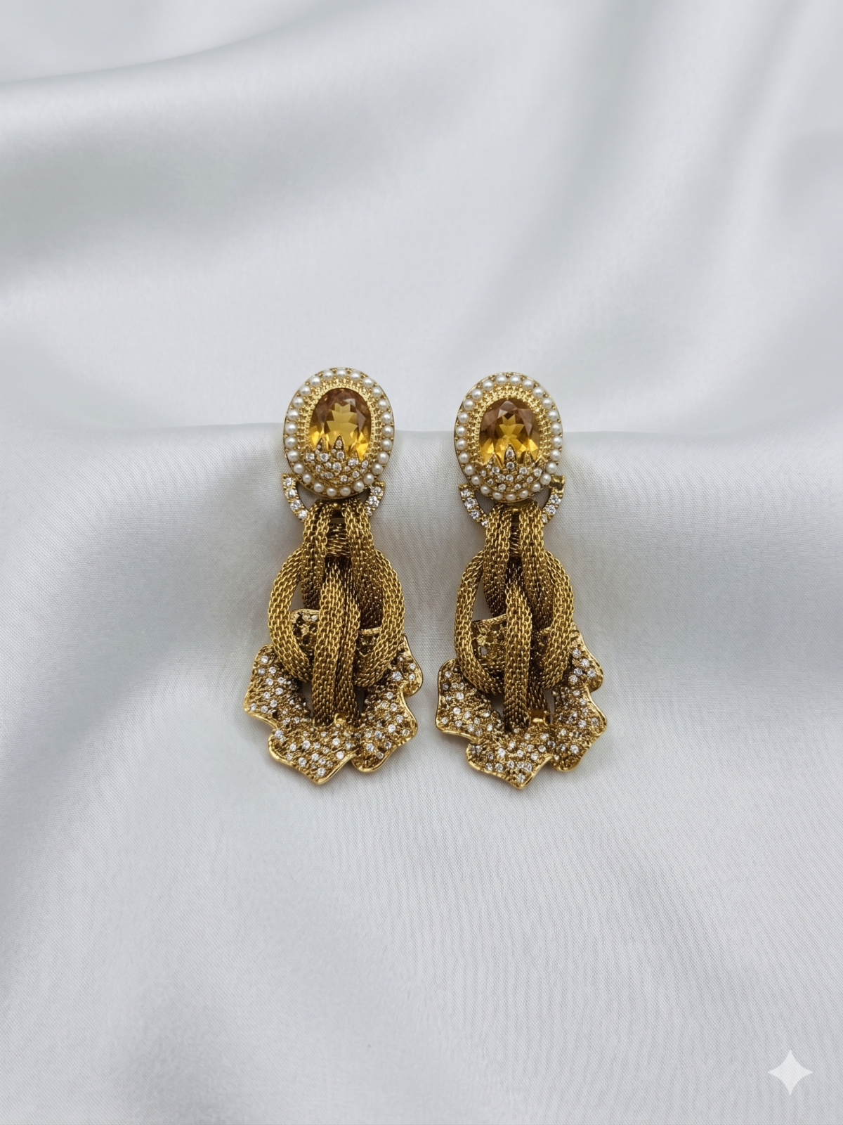 Gold Polished Mesh Earrings - Champagne Crystals